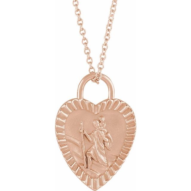 14K Rose St. Christopher Heart Medal 16-18" Necklace