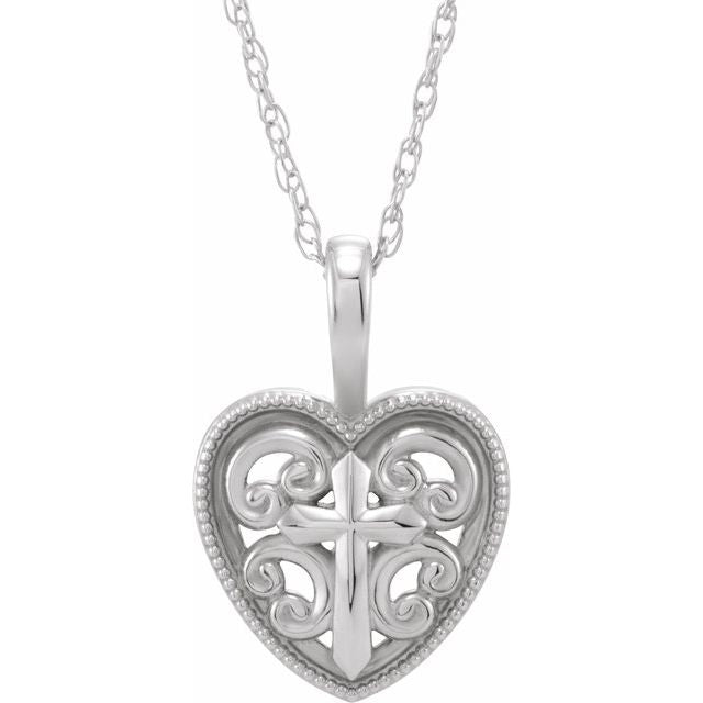 Sterling Silver 18.7x12.6 mm Cross and Heart 16" Necklace