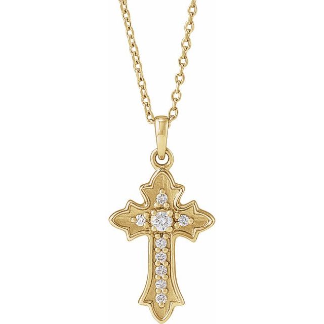 14K Yellow .08 CTW Natural Diamond Vintage-Inspired Cross 16-18" Necklace
