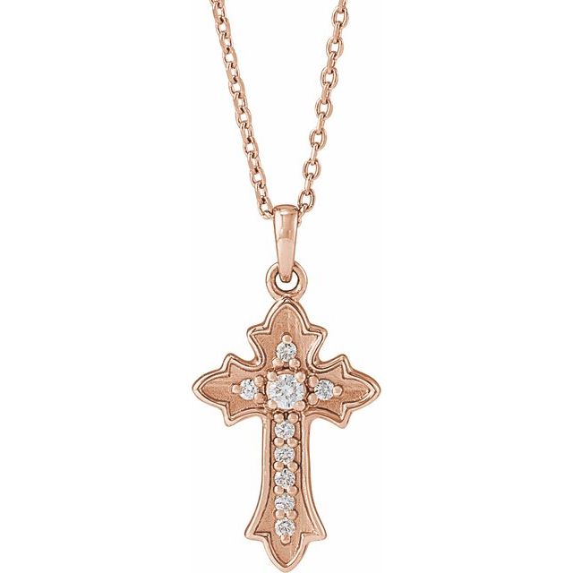 14K Rose .08 CTW Natural Diamond Vintage-Inspired Cross 16-18" Necklace