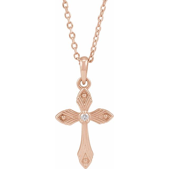 14K Rose .015 CT Natural Diamond Cross 16-18" Necklace