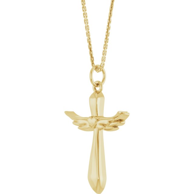 14K Yellow Angel Wings Heart Cross 18" Necklace