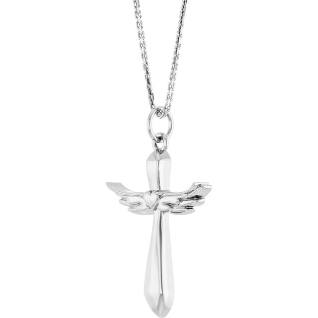 14K White Angel Wings Heart Cross 18" Necklace
