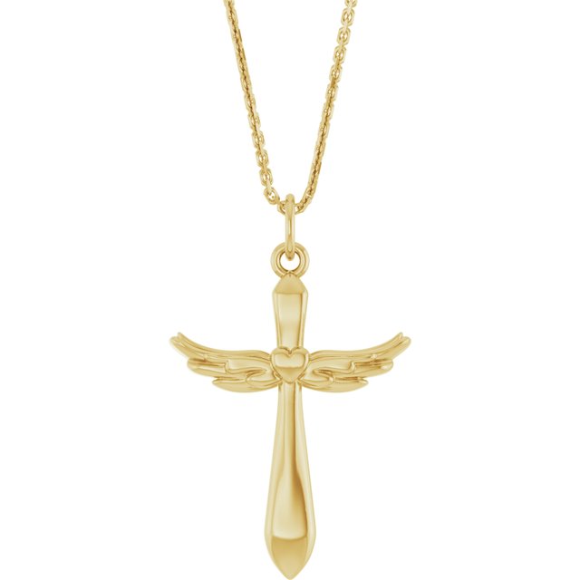 14K Yellow Angel Wings Heart Cross 18" Necklace