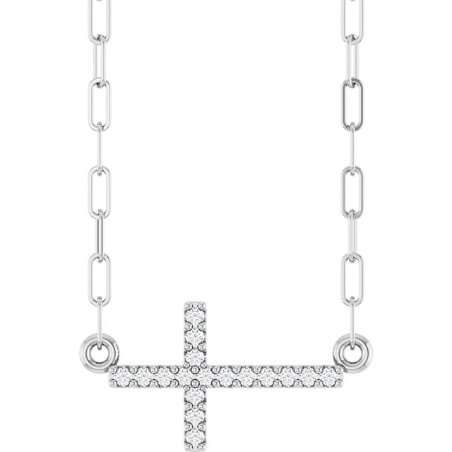 14K White .06 CTW Natural Diamond Sideways Cross 18" Necklace