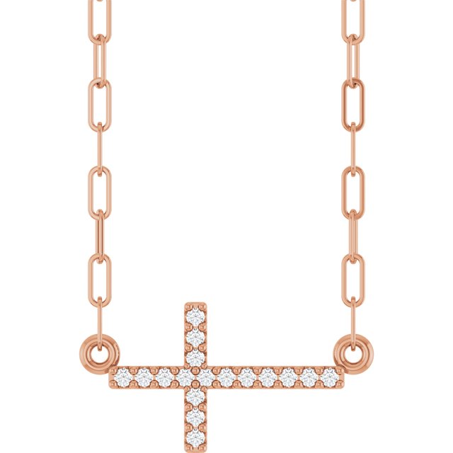 14K Rose .06 CTW Natural Diamond Sideways Cross 18" Necklace