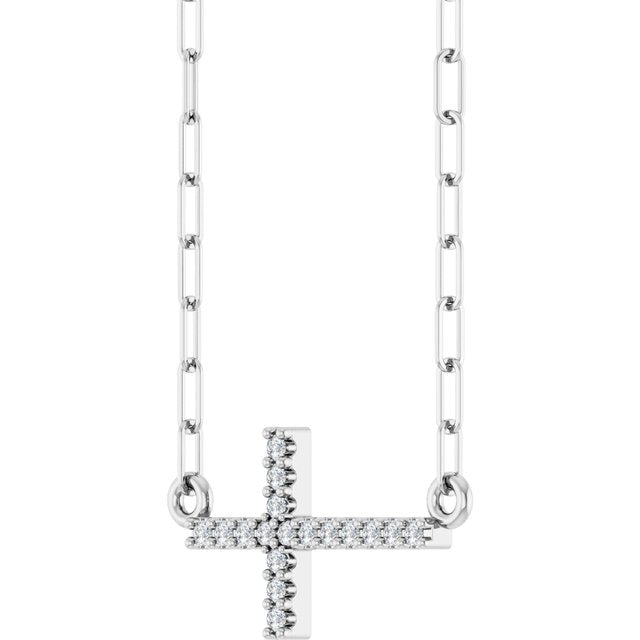 14K White .06 CTW Natural Diamond Sideways Cross 18" Necklace
