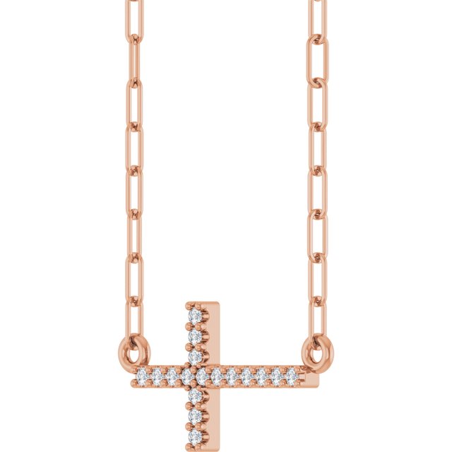 14K Rose .06 CTW Natural Diamond Sideways Cross 18" Necklace