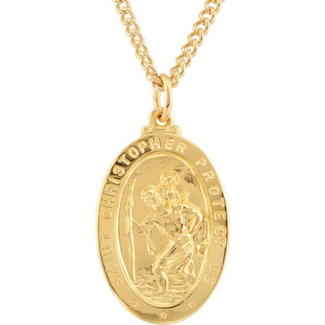 24K Yellow Gold-Plated Sterling Silver 29x19 mm St. Christopher Medal 24" Necklace