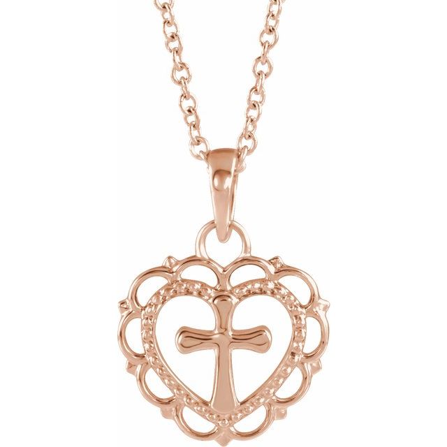 14K Rose Youth Heart with Cross 16-18" Necklace