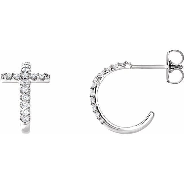Sterling Silver 1/4 CTW Natural Diamond Cross 12.15 mm Hoop Earrings