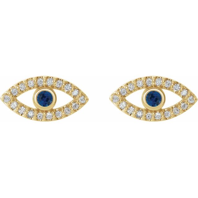 14K Yellow Natural Blue Sapphire & Natural White Sapphire Evil Eye Earrings