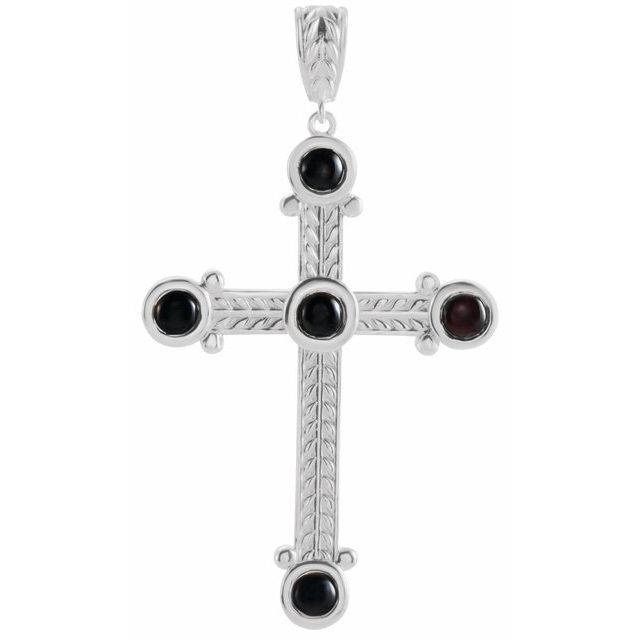 14K White Natural Black Onyx Cross Pendant