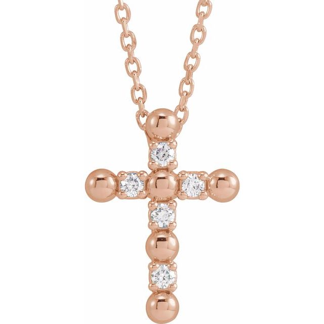 14K Rose .07 CTW Natural Diamond Beaded Cross 16-18" Necklace