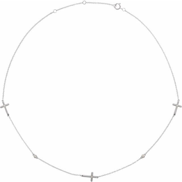 14K White 1/10 CTW Natural Diamond 5-Station Cross 16-18” Necklace