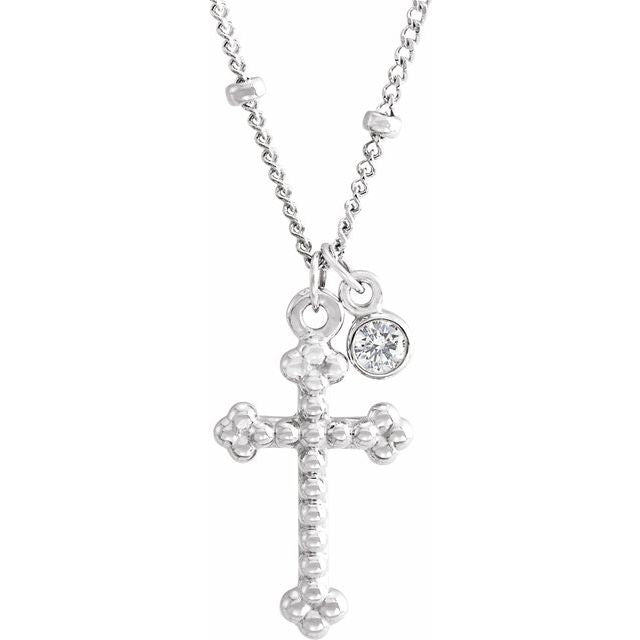 14K White .06 CT Natural Diamond Beaded Cross 20" Necklace