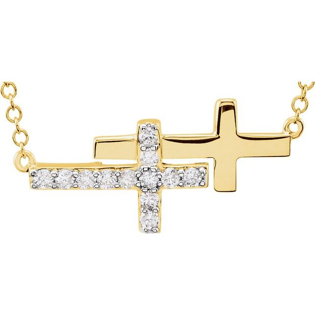 14K Yellow 1/5 CTW Natural Diamond Double Sideways Cross 16-18" Necklace