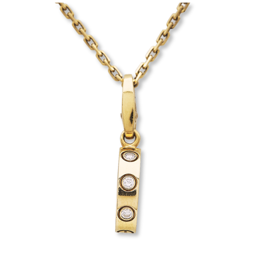 Cartier LOVE 18k Yellow Gold Diamond Charm Pendant Necklace – 16.5", 0.18 ctw