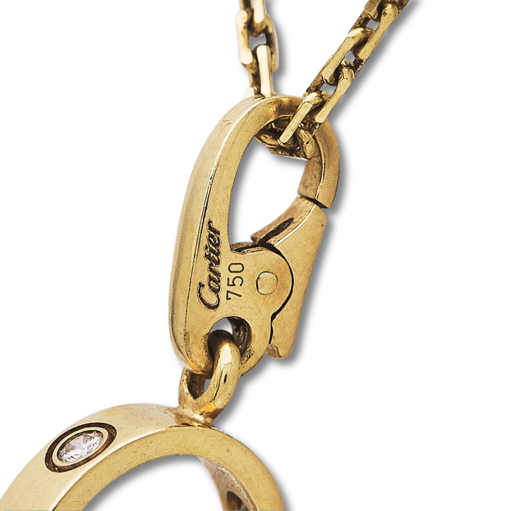 Cartier LOVE 18k Yellow Gold Diamond Charm Pendant Necklace – 16.5", 0.18 ctw