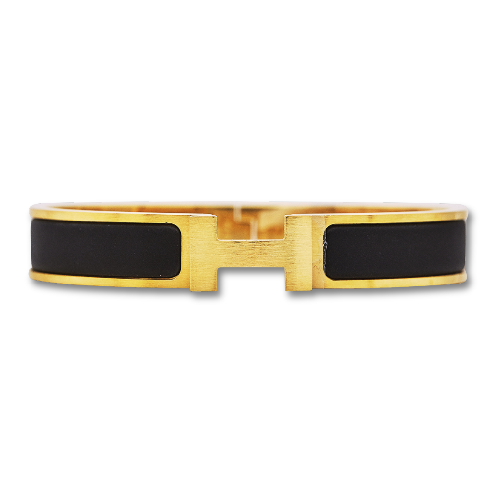 Hermès Clic H Gold-Tone & Matte Black Enamel Hinged Bangle Bracelet – Size PM (6.75")