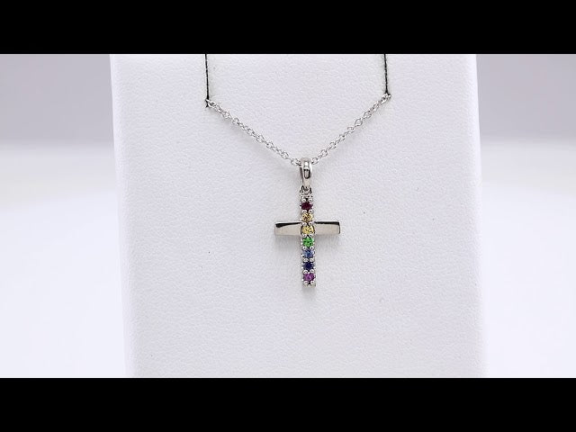 Sterling Silver Natural Multi-Gemstone Cross 16-18" Necklace