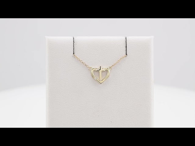 14K Yellow .015 CT Natural Diamond Heart & Cross 18" Necklace