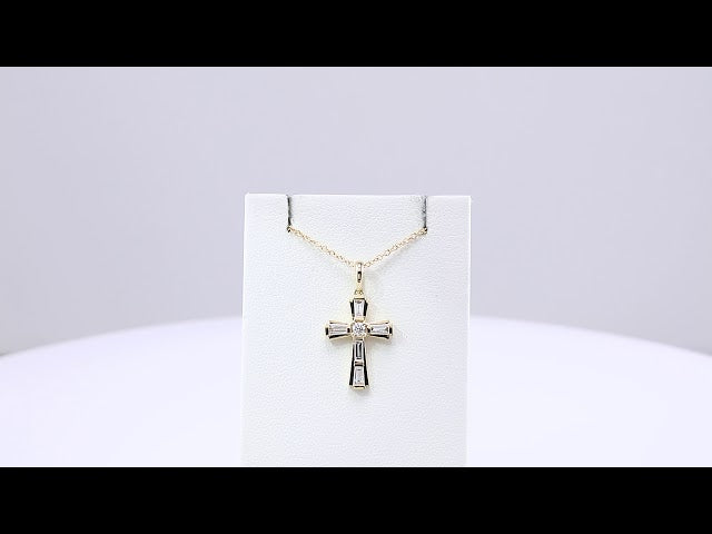 14K Yellow 3/8 CTW Natural Diamond Baguette Cross 16-18" Necklace