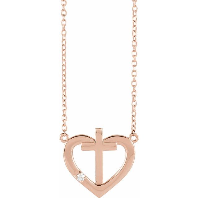 14K Rose .015 CT Natural Diamond Heart & Cross 18" Necklace
