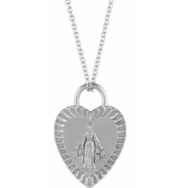 Sterling Silver Miraculous Mary Heart 16-18" Necklace