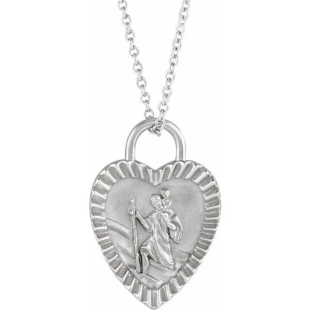 Sterling Silver St. Christopher Heart Medal 16-18" Necklace