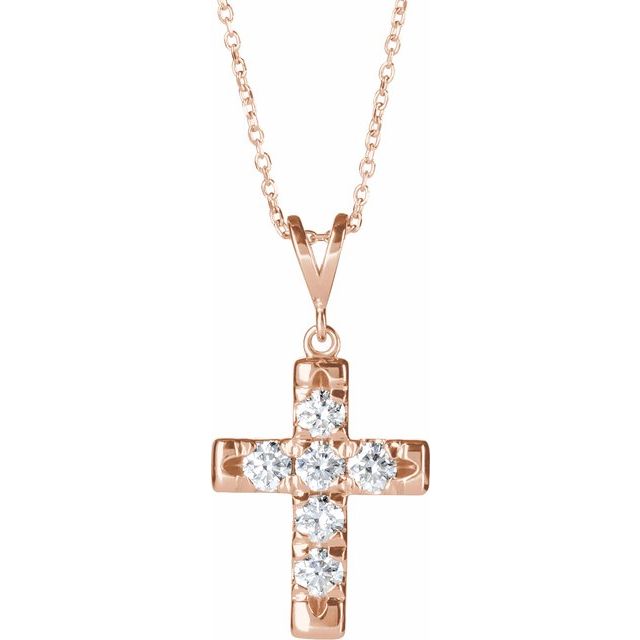 14K Rose 3/4 CTW Natural Diamond French-Set Cross 16-18" Necklace