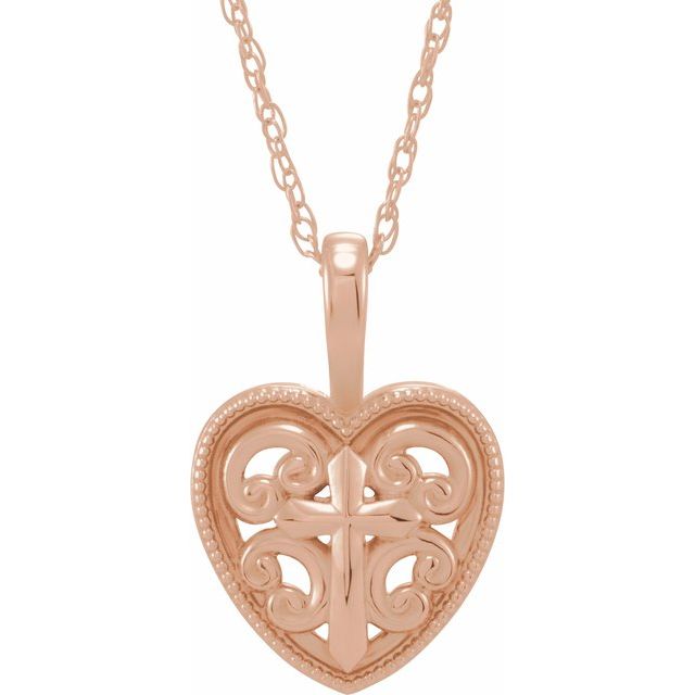 14K Rose 18.7x12.6 mm Cross and Heart 16" Necklace