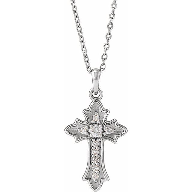 14K White .08 CTW Natural Diamond Vintage-Inspired Cross 16-18" Necklace