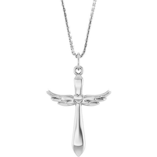 14K White Angel Wings Heart Cross 18" Necklace
