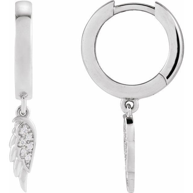 14K White .03 CTW Natural Diamond Angel Wing Hinged Hoop Earrings
