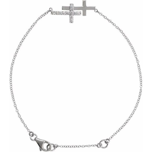 14K White 1/5 CTW Natural Diamond Double Sideways Cross 7-8" Bracelet