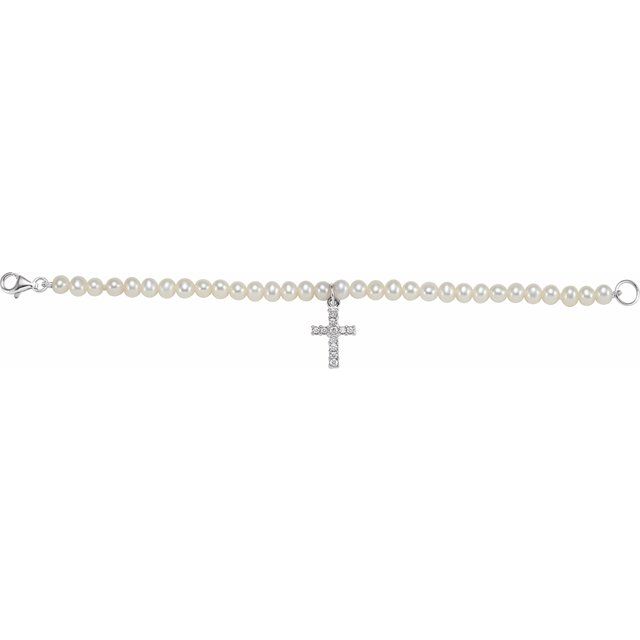 Sterling Silver Cultured White Freshwater Pearl & Imitation White Cubic Zirconia Cross 5 1/2" Bracelet