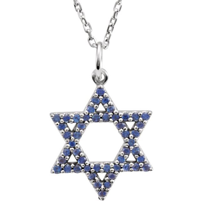 14K White Natural Blue Sapphire Star of David 16" Necklace