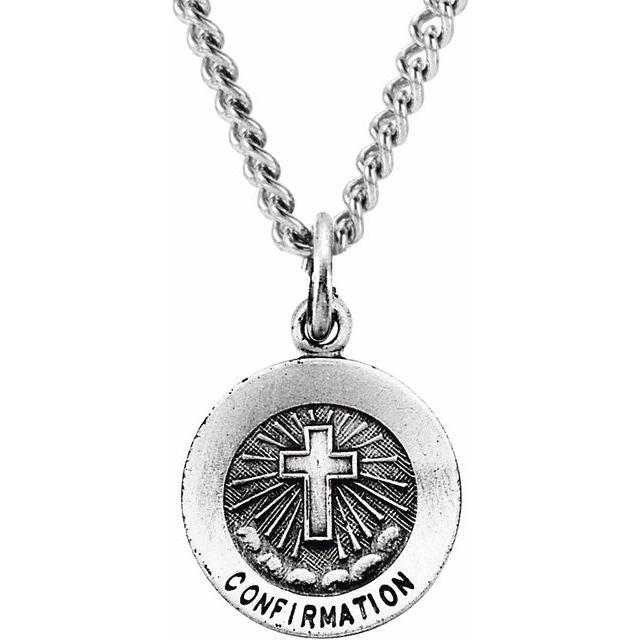Sterling Silver 12 mm Confirmation Medal with Cross 18" Necklace