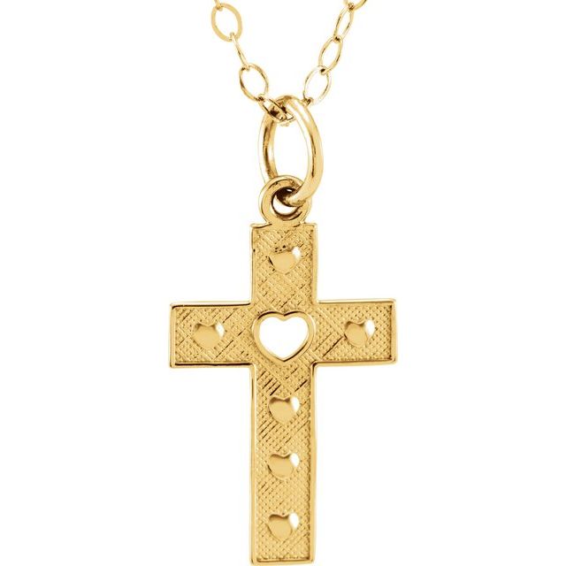 14K Yellow Pierced Heart Cross 15" Necklace