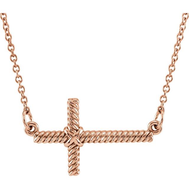 14K Rose 20.1x11.3 mm Sideways Rope Cross 16.5" Necklace