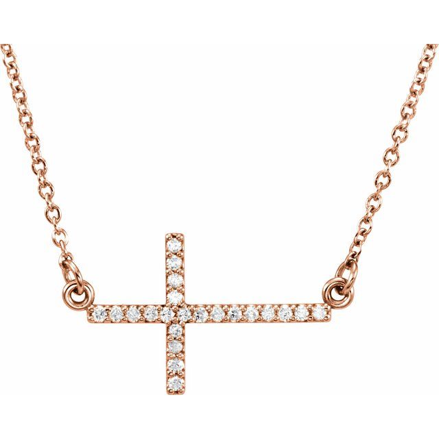 14K Rose 1/10 CTW Natural Diamond Sideways Cross 16-18" Necklace