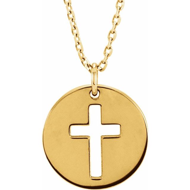 14K Yellow Pierced Cross Disc 16-18" Necklace