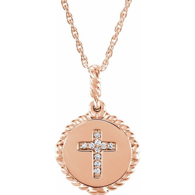 14K Rose .04 CTW Natural Diamond Cross Rope 16-18" Necklace