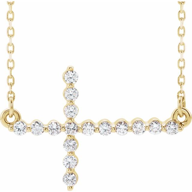14K Yellow 1/4 CTW Natural Diamond Sideways Cross 16-18" Necklace