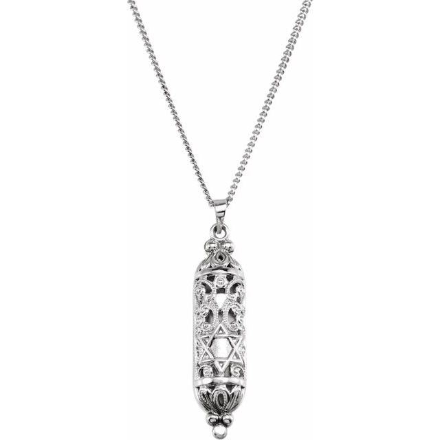 Sterling Silver 36x9 mm Mezuzah 18" Necklace with Parchment