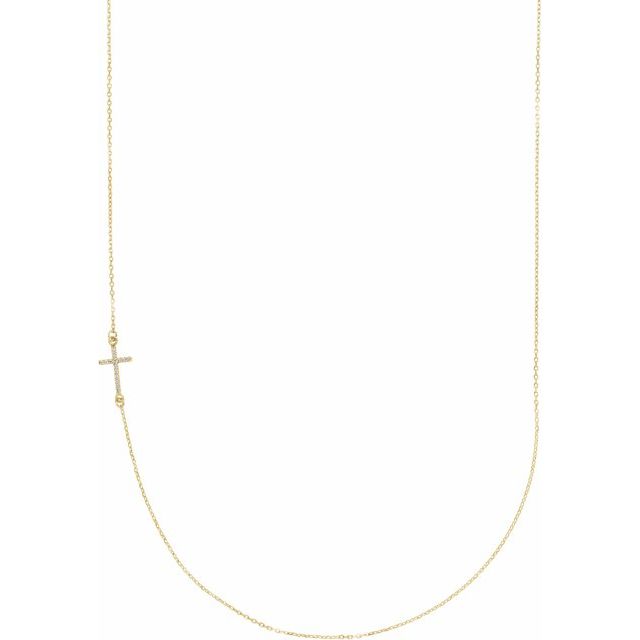 14K Yellow .04 CTW Natural Diamond Off-Center Sideways Cross 16" Necklace