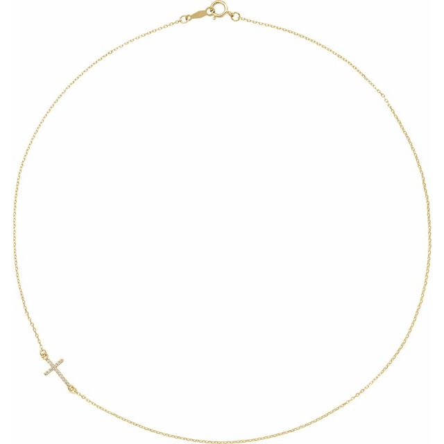 14K Yellow .04 CTW Natural Diamond Off-Center Sideways Cross 16" Necklace