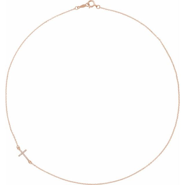 14K Rose .04 CTW Natural Diamond Off-Center Sideways Cross 16" Necklace