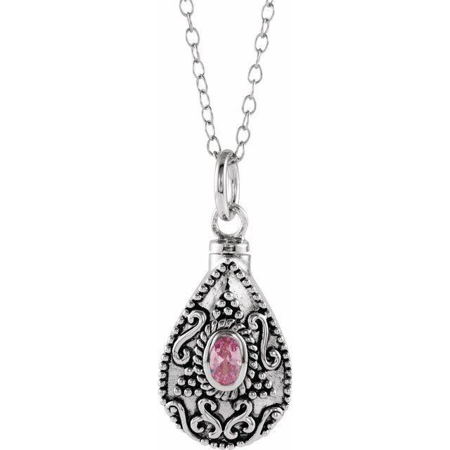 Sterling Silver 6x4 mm Oval October Birthstone Ash Holder 18" Necklace